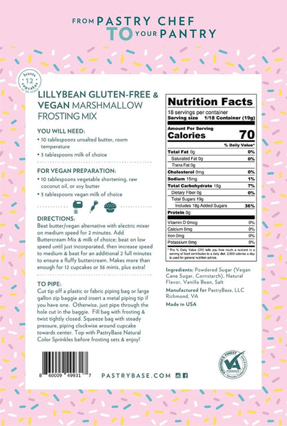 LillyBean Gluten Free Marshmallow Buttercream Frosting Mix with No Artificial Colors - Dairy and Soy Free, Vegan Icing for Decorating Cakes, Cupcakes, Cookies - 12 oz