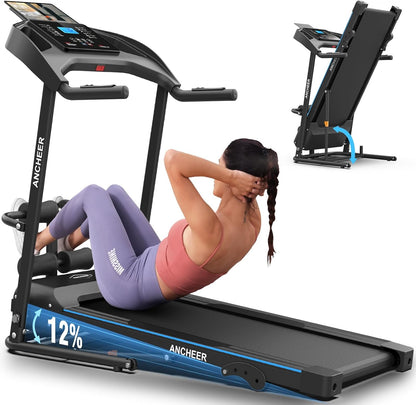 ANCHEER Foldable Treadmill with Sit Up Bench, 2025 Upgrade 3.5HP Portable Treadmills for Home with Incline 350 lbs Capacity, Smart LCD Display Body Fat& Heart Rate, Multifunction Exercise Equipment