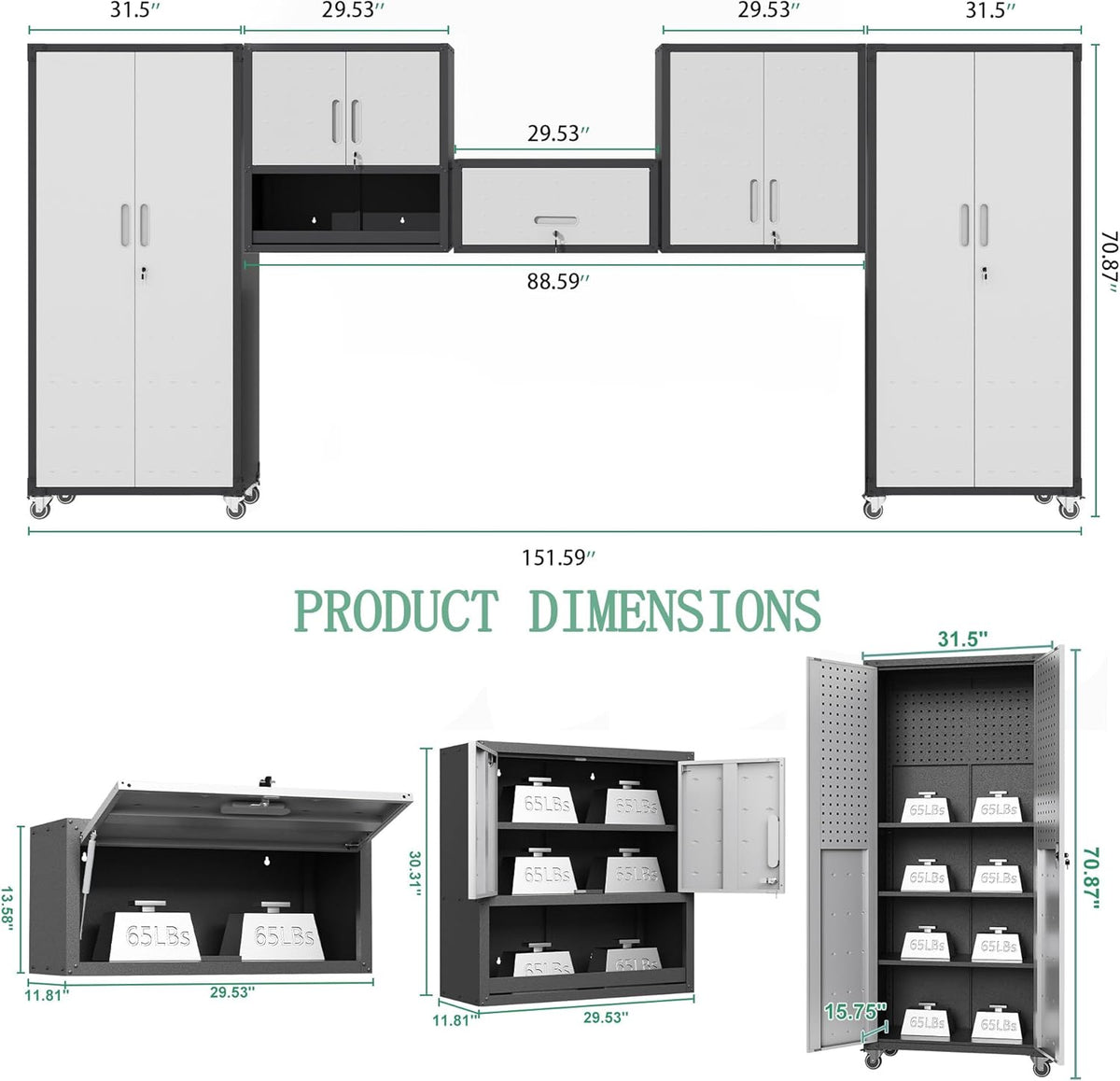 Metal Tool Cabinet,Garage Storage Cabinet System,Wall Cabinet & Locking Rolling Tool Cabinet with Doors and Adjustable Shelves,Steel Tool Cabinets for Home,Office (5 Pcs-StyleA, Black & Grey)