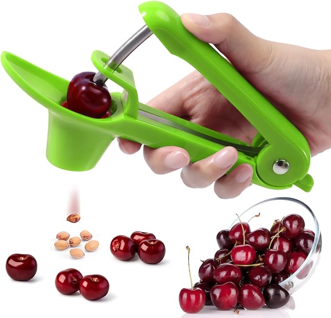 SCHVUBENR Cherry Pitter Tool - Stainless Steel Cherry Corer Pitter with Ergonomic Push Design - Easy to Use for Making Cherry Jam - Pit Cherry with Ease, Saving Time & Space with Lock Design(Green)