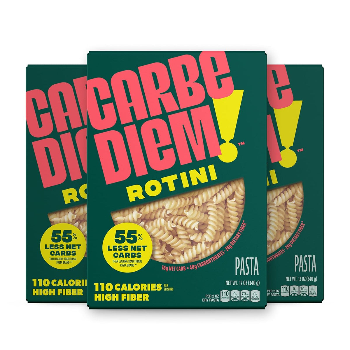 Carbe Diem!, Rotini, Lower Net Carb Pasta with Traditional Flavor & Texture, 55% Fewer Net Carbs & Only 110 Calories Per Serving, Pack of 3