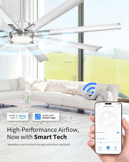72 Inch Bruehed Nickel Ceiling Fan With Light,Smart Fan Work With Alexa,Industrial Ceiling Fan With 8 Aluminium Metal Blades,Ideal for Courtyard,Patio and Living Room,CF04BN-72