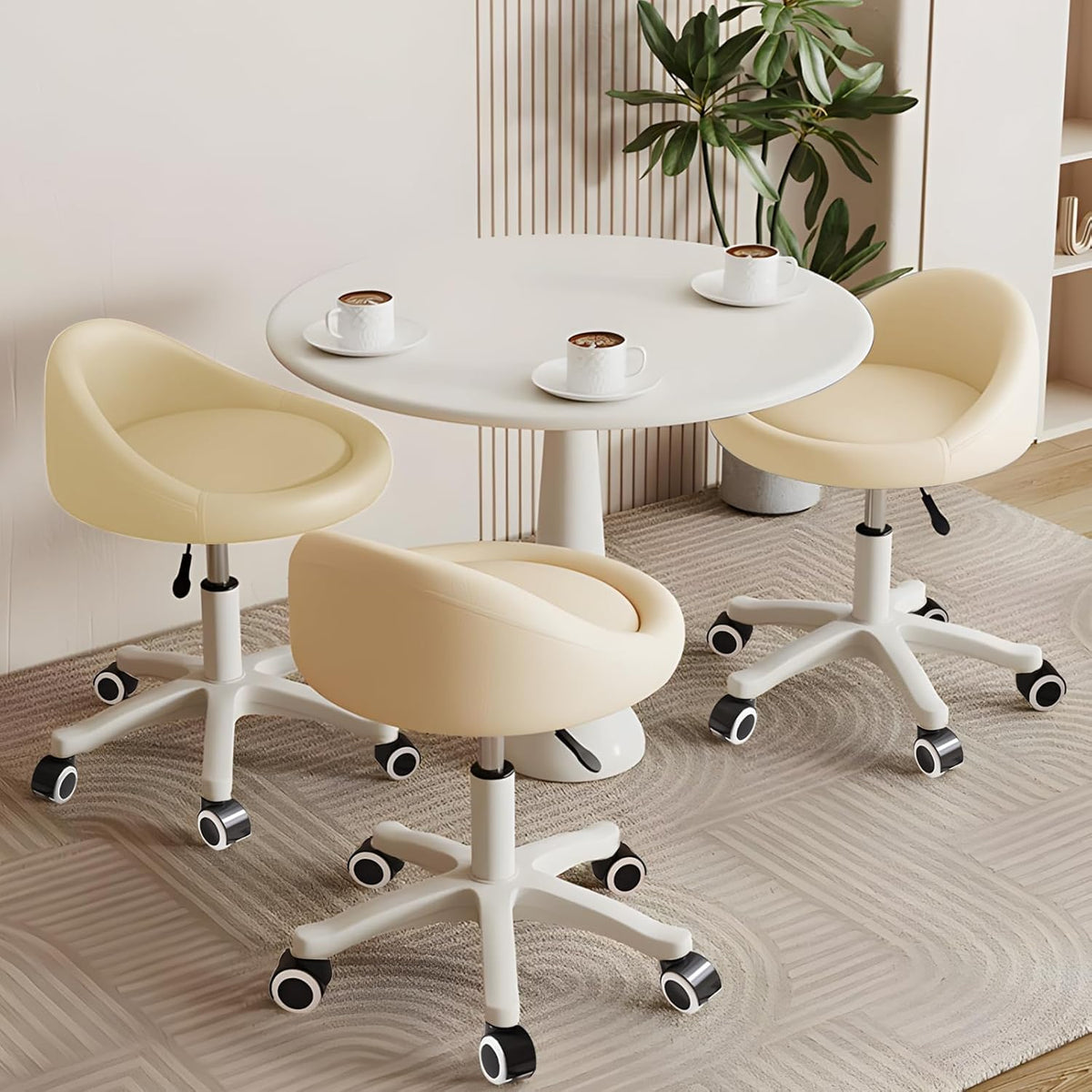 Rolling Stool Set of 3 Rolling Hydraulic Salon Stool with Low Backrest - Adjustable Swivel Chair for SPA, Shop, Salon, Massage, or Medical Office Beige