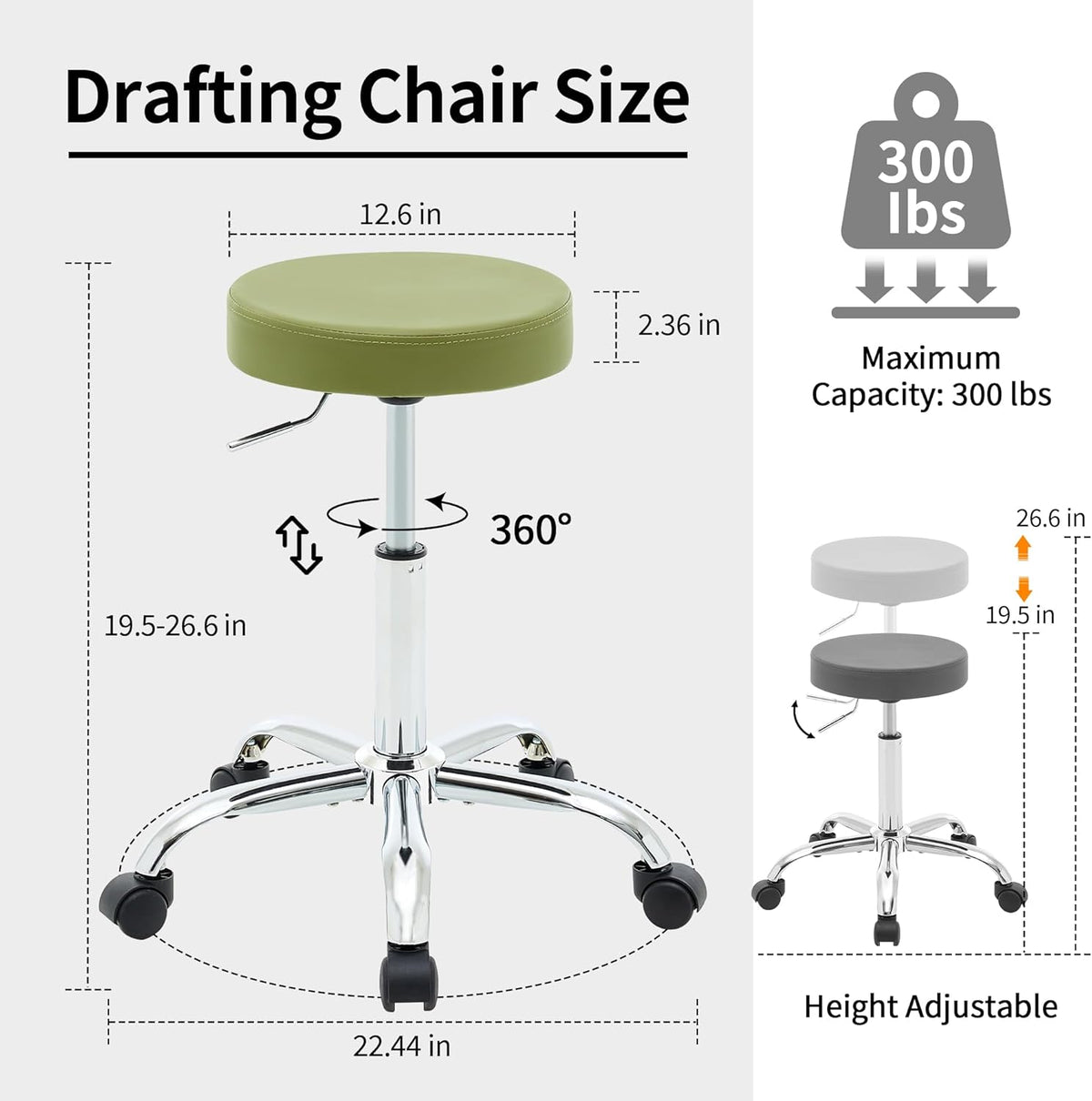 Office Drafting Chair, Adjustable Drafting Stool on Wheels 19.5’’-26.6’’, Green Salon Rolling Chair (Green)
