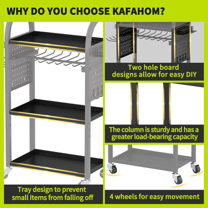 KAFAHOM Power Tool Organizer - 4 Tier Rolling Tool Cart with 8-12 Drill Holder,Tool Storage Cart on Wheels - Heavy Duty Metal Utility Tool Shelf for Garage, Workshop, Warehouse & Repair Shop