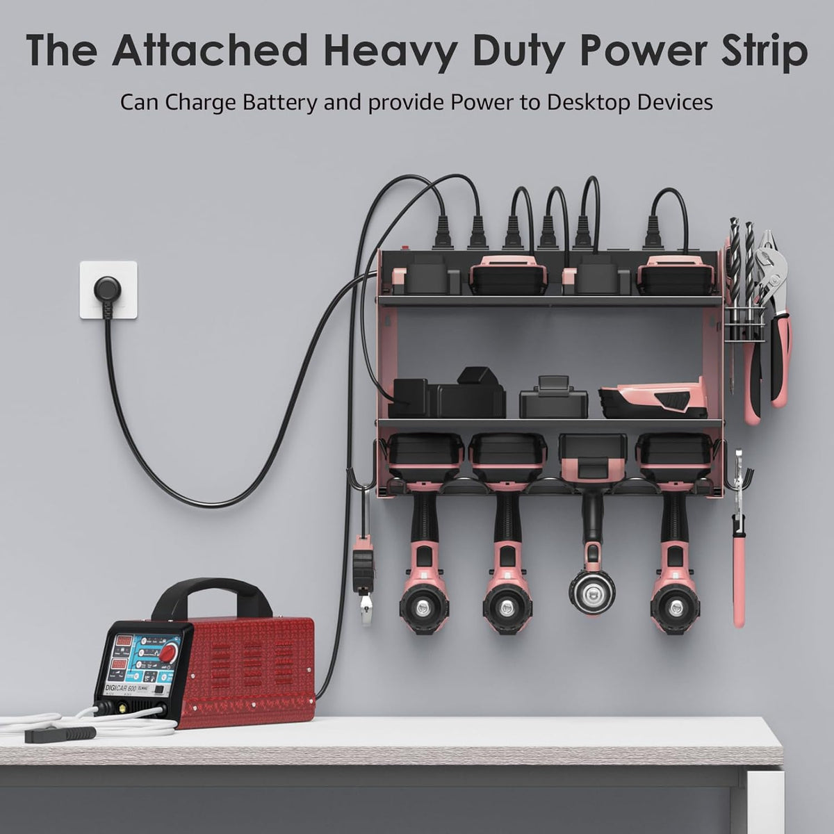CCCEI Modular Power Tool Organizer Wall Mount with Charging Station. Garage 4 Drill Storage Shelf with Hooks, Drill Bit Heavy Duty Rack, Pink Tool Battery Holder Built in 8 Outlet Power Strip.