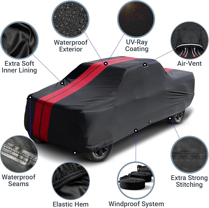 iCarCover Premium Heavy Duty Truck Car Cover - Waterproof All Weather Rain Snow UV Protection, Ram 1500, 2500, 3500, Mega cab 6'4" Standard Bed, Size T89 (See Size Chart), Stripe - Black/Red