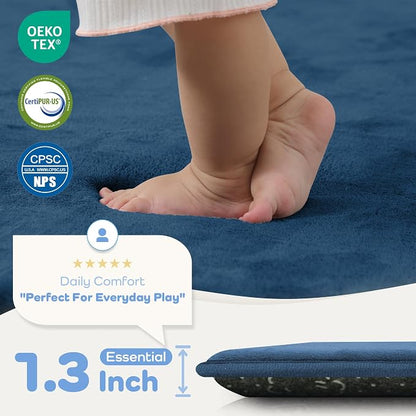 1.3" Thick Baby Floor Play Mat 59x79, Basic Padded Foam Mat for Tummy Time Crawling, Non Slip Cushioned for Babies Toddlers Infants Kids (Blue)