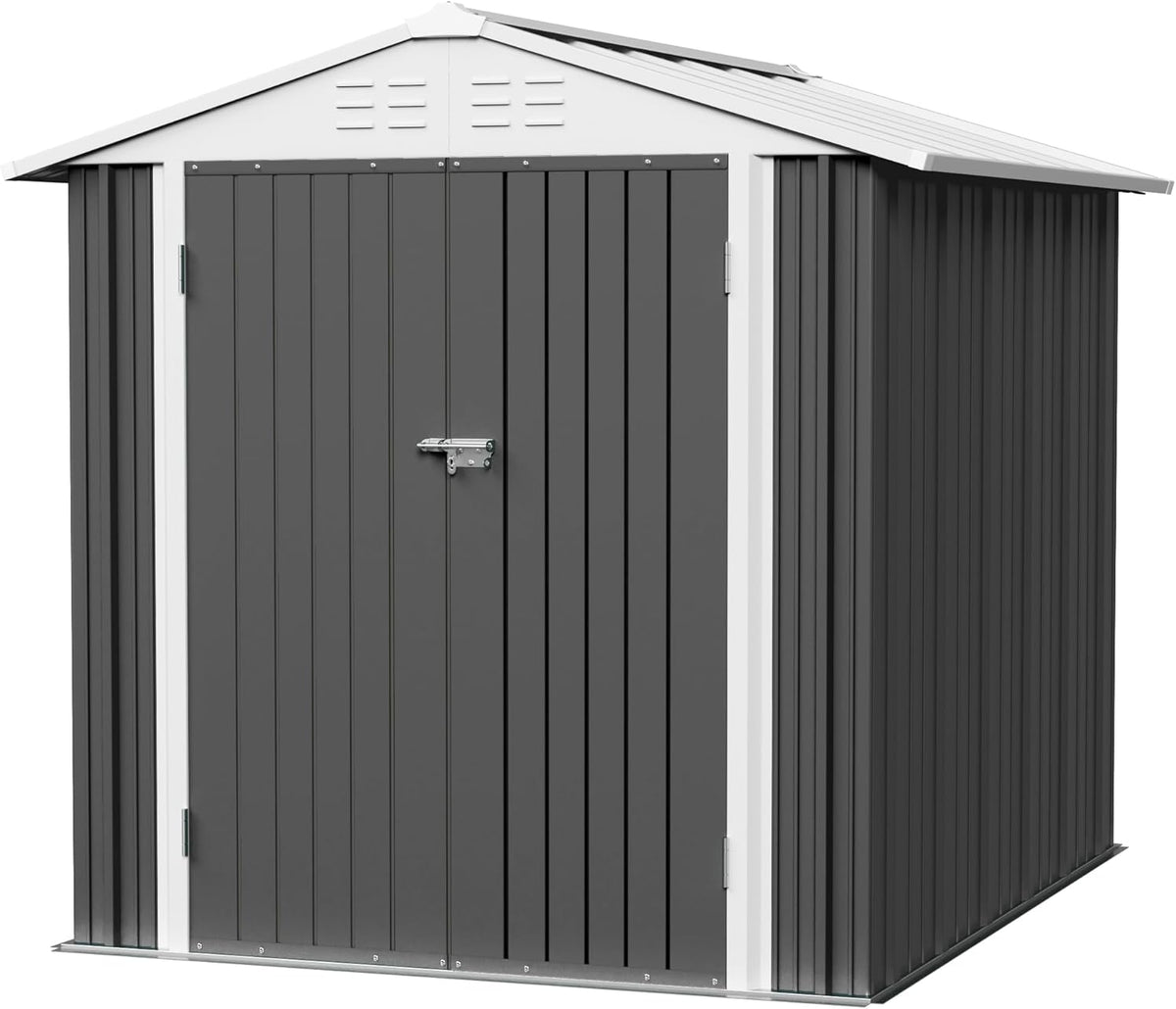 JUMMICO Metal Outdoor Storage Shed 6 x 8 FT Metal Shed with Lockable Door,Waterproof Garden Tool Shed Storage House for Backyard Patio Lawn,Grey