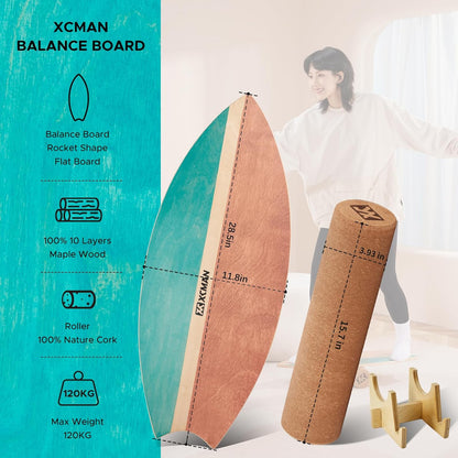 XCMAN Surf Balance Board Trainer with Roller Wooden Exercise Balancing Stability Trainer - Non Slip Surface for Adults Kids|Balance Board for Surfing,Snowboarding,Skateboarding,Hockey,Yoga Training
