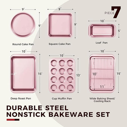 KITESSENSU Baking Pans Sets, Nonstick Bakeware Sets 7-Piece with Round/Square Cake Pan, Loaf Pan, Muffin Pan, Cookie Sheet, Roast Pan, Cooling Rack, Carbon Steel Bake Set Pink