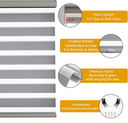 Persilux Cordless Zebra Blinds for Windows Free-Stop Roller Shades (71" W X 72" H, Grey) Dual Layer Light Cintrol for Day and Night, Light Filtering Sheer Shades for Home, Easy to Install