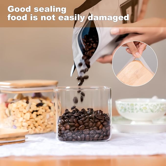 Glass Food Storage Jars 27oz Set of 6,Glass Storage Containers Clear Glass Food Canister with Bamboo Lid Airtight For Serving Tea, Coffee, Flour, Sugar, Candy, Cookie, Spice and More (Square)