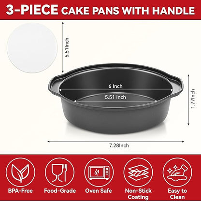 6 Inch Cake Pans - 3PCS Carbon Steel Cake Pan with 200 Parchment Papers, Round Cake Pans with Handle, Nonstick & Non-Toxic, Easy Demolding & Dishwasher Safe
