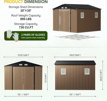 Breezz Outdoor Storage Shed 10 x 10ft. Utility Tool Shed Metal Storage Garden Shed with Lockable Doors, Windows & Metal Frame Floor for Patio Storage,Brown