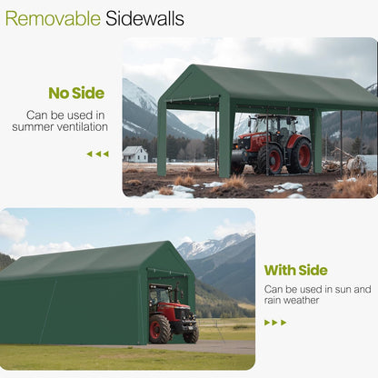 GOJOOASIS 10x20 Carport Heavy Duty Portable Garage Shelter Metal Car Canopy Tent with UV-Resistant & Weatherproof Top Cover for RV & Vehicles (Green, 10x20 with sidewalls)