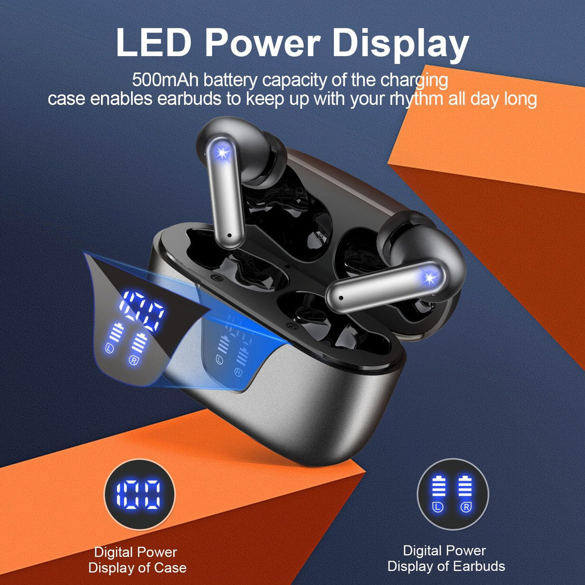 ZIUTY Wireless Earbuds Bluetooth Headphones, 50H Playtime Ear Buds with Mic, LED Digital Display Charging Case, IPX7 Waterproof, Deep Bass Stereo, in-Ear Earphone for iPhone Andriod Phone