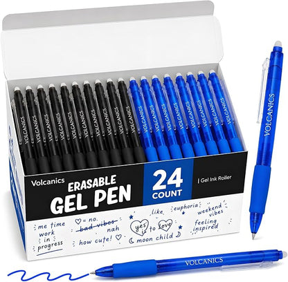 Volcanics 24 Pack Retractable Erasable Gel Pens, 12 Blue & 12 Soft Black Ink, 0.7mm Medium Point Clicker Erasable Pens with Built-in Eraser for School, Office, Note Taking and Journaling