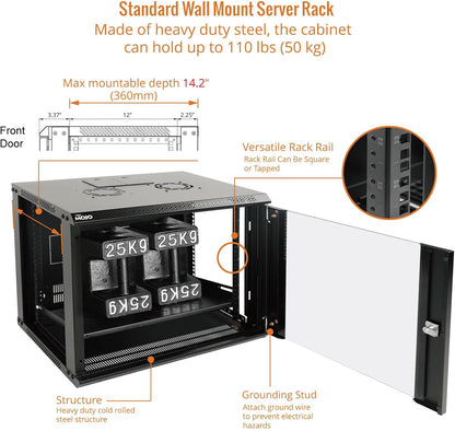 Tecmojo 9U Wall Mount Server Cabinet IT Network Rack Enclosure Lockable Door and Side Panels Black,Cooling Fan, Glass Door, 17.7inch Depth,for 19” IT Equipment, A/V Devices