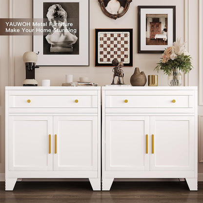 Metal Sideboard Cabinet with Big Drawers,Farmhouse Coffee Bar with One Adjustable Shelves,Buffet Cabinet,Metal Storage Cabient for Kitchen, Dining Room, Entryway, White