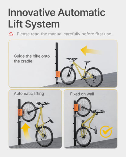 monTEK Automatic Lift EBike Rack – Fits 24-29" Tires, Heavy-Duty Vertical Wall Rack for Bicycles (Up to 71 lbs) - Effortless Lifting, Easy Install - Space-Saving Storage for Garage, Shed, BO