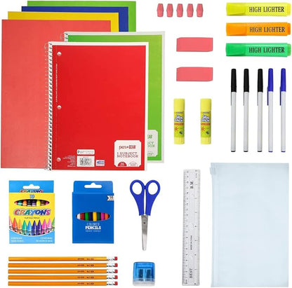 Moda West 12 Pack Bulk School Supplies 52 Piece Kit- Pens, Pencils, Crayons, and More - Essential Box of School Supplies for Elementary, Middle, and High School Students