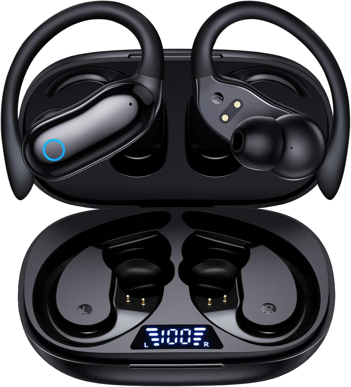 GNMN Active Noise Cancelling Ear Buds Wireless Earbuds 96hrs Playback Bluetooth Headphones IPX7 Waterproof Stereo Bass Over-Ear Earphones with Earhooks Microphone LED Battery Display for Sports/Gym