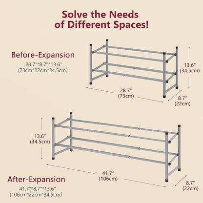 Tajsoon 2 Tier Expandable Shoe Rack for Closet, 28“-41“Adjustable & Stackable Shoe Shelf Storage, Metal Shoe Rack Organizer for Front Door Entrance, Closet, Garage, Entryway, Grey