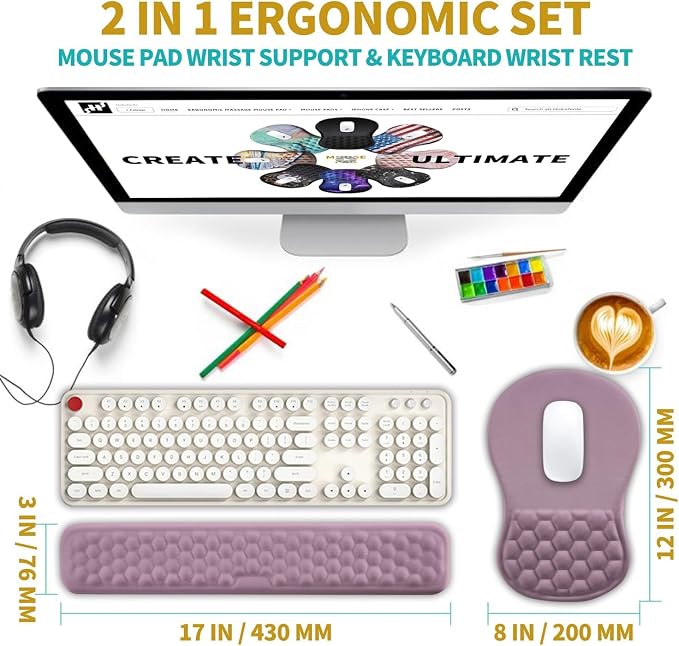 Hokafenle 2 in 1 Ergonomic Mouse Pad Wrist Support & Wrist Rest for Computer Keyboard Set, with Relieve Carpal Tunnel Pain Massage Bulge and Full Memory Gel Design (2In1 Set, Purple)