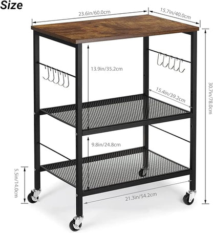 LIANTRAL Rolling Cart, 3-Tier Utility Microwave Bar Coffee Cart Kitchen Storage Shelf On Wheels, Brown Large Side End Table Nightstand for Home Office
