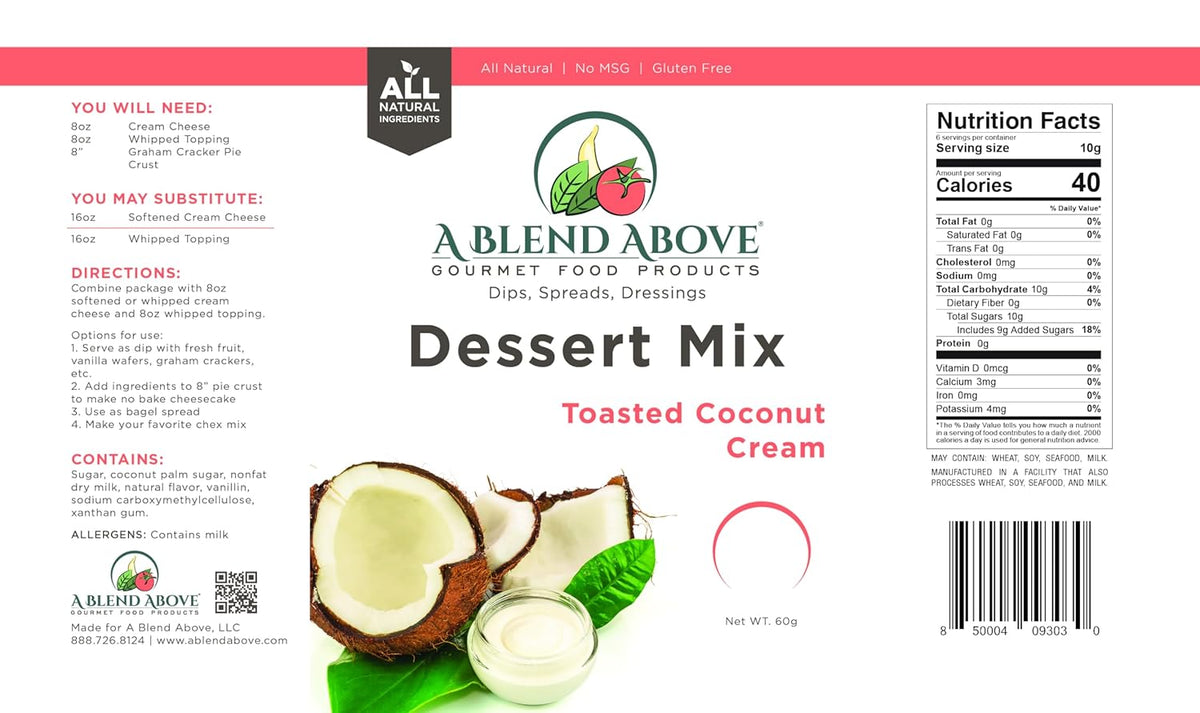A Blend Above Toasted Coconut Cream Cheesecake Mix - No-Bake Desserts, All Natural, Vegan, Gluten Free, No MSG - Instant Dessert Mix, Fruit Dip, Bagel Topping, Frosting, Cheesecake Filling - Makes 16 Oz (Pack of 3)