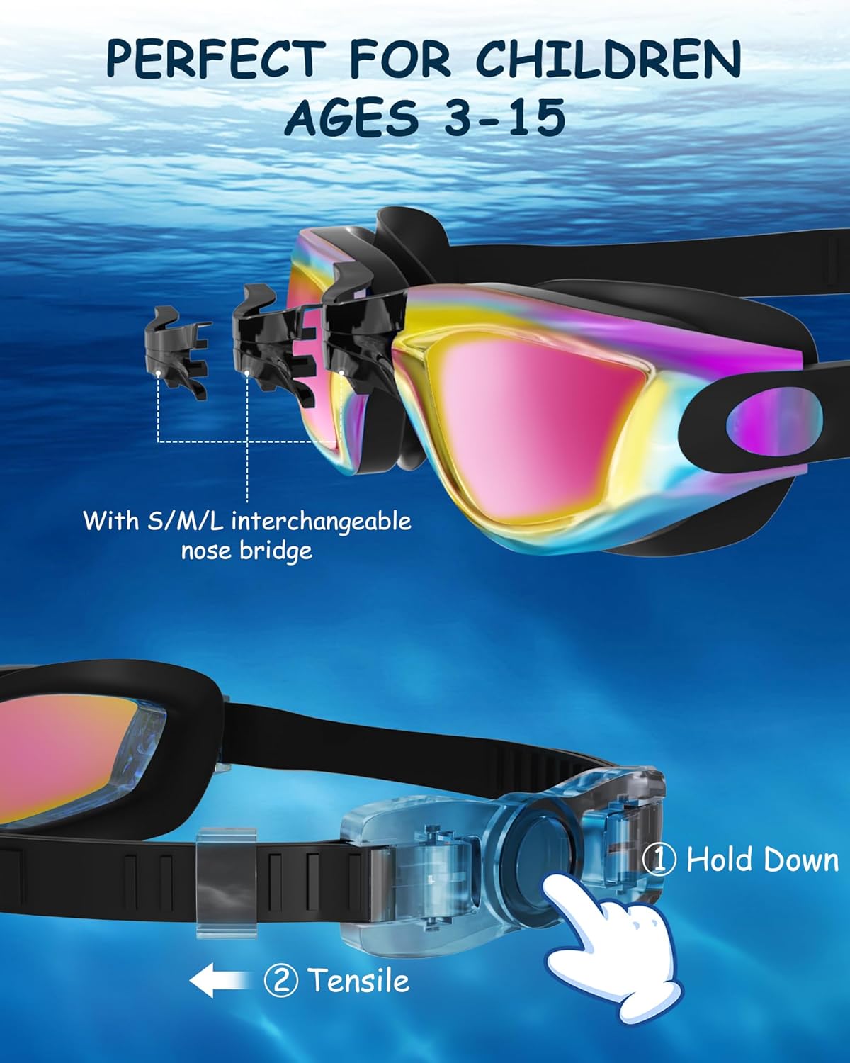 Kids Swim Goggles, Swimming Goggles for Kids Toddlers 3-14 with Swim Cap, Nose Clip, Nose Bridge, Ear Plugs