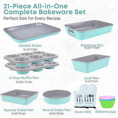 21-pieces Stackable Nonstick Bakeware Set, PTFE/PFOA/PFOS Free Baking Pans Set with Silicone Cup, Oven Mitt, Complete Kitchen Baking Kit for Cake & Loaf, Cookies, Cupcakes