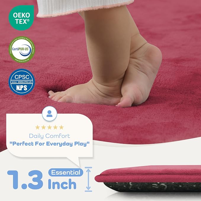 1.3" Thick Baby Floor Play Mat 50x50 Padded Foam Mat, Burgundy | Memory Mat for Baby to Play on Floor Waterproof Easy Care with Non-Slip Tummy Time Play Mat for Nursery Playroom Classroom