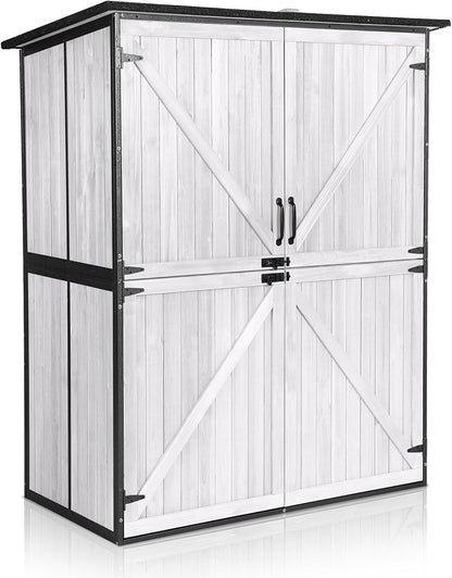 Outdoor Storage Shed with Floor - Waterproof Natural Fir Cabinet with Adjustable Shelves and Double Lock for Anti-Theft - Suitable for Storing Garden Tools and Household Debris (White)