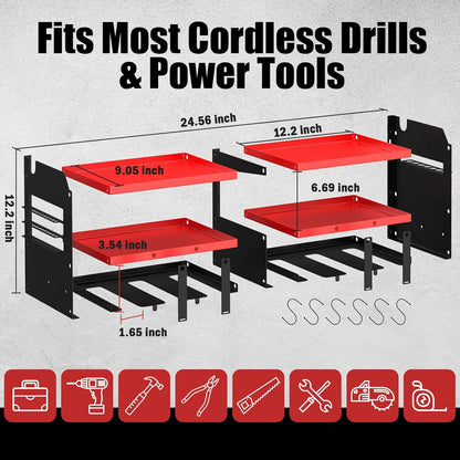 Power Tool Organizer Wall Mount with 6 Drill Holders, Heavy Duty Metal Utility Racks with Large Top Shelf & Side Hooks, Efficient and Organized Storage for Garage, Workshop, Shed, Pegboard