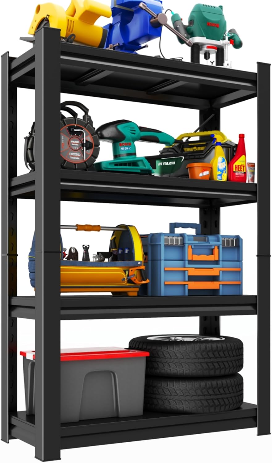 Garage Shelving Unit, Adjustable Storage Rack, Storage Shelves, Sturdy Steel Storage Shelf for Garage and Workshop, 4-Tier 54.3" H x 24" W x 14" D, Black