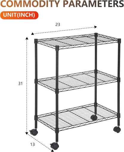 BestOffice 3-Tier Adjustable Wire Shelving Storage Shelves Heavy Duty Shelving Unit with Wheels for Small Places Kitchen Garage Balcony,Black