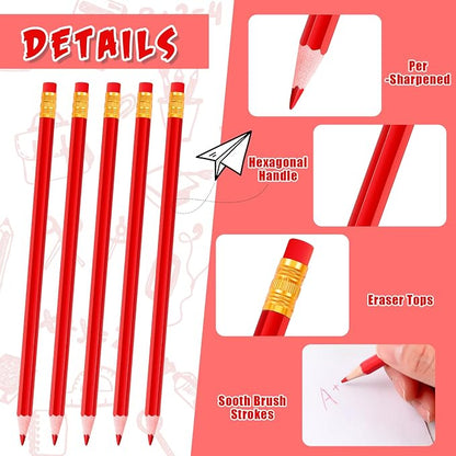 Outus 144 Pcs Red Pencils with Eraser Pre Sharpened Red Checking Correcting Pencils Erasable HB Grading for Checking Tests Grading Map Coloring Editing Writing Drawing Back to School Office Favors