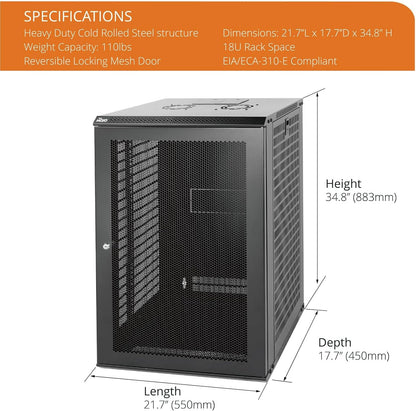 Tecmojo 18U Wall Mount Rack Network Cabinet for 19" IT Equipment,with Lockable Mesh Door and Side Panels,Cooling Fan,Black,17.7inch Depth for AV/Computer/Electronics Equipment Data Rack