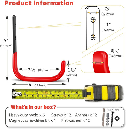 4 Inch Garage Hooks, 6 Pack Heavy Duty Wall Hooks for Hanging, Ladder Hangers for Garage Wall Mount, Steel J Utility Garden Hose Holder Tool Organizers and Storage(55lbs)