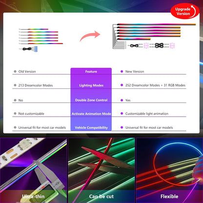 New Version Dreamcolor Acrylic Car Interior Lights 10 in 1 RGB LED Strip Lights APP Control Zoned Control System 252 Color Modes DIY Fiber Optic Ambient Lighting Kits Music Car Neon Lights