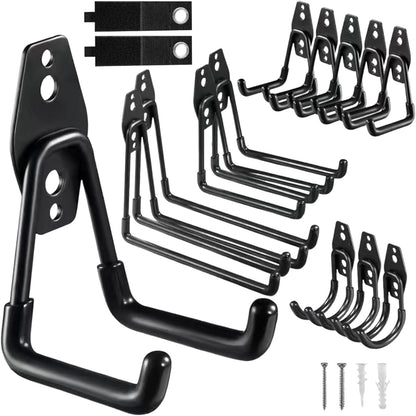 Garage Hooks, 12 Pack Wall Hooks for Hanging Heavy Duty Ladders, Bikes, Tools Ideal for Garage, Garden, Basement Utility Room Storage (Black)