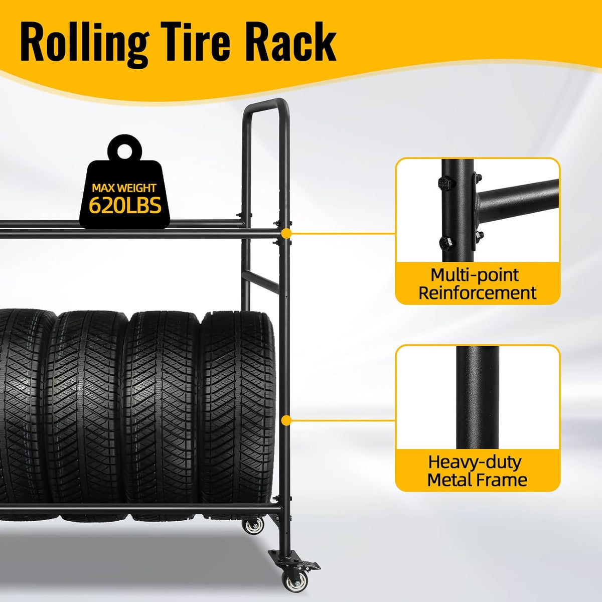 60" Tire Storage Rack - Rolling Tire Rack for Garage - Indoor/Outdoor Shelves 60 Inch Tire Rack Organizer