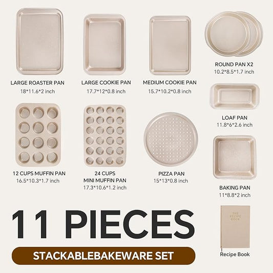 11 Piece Baking Set | Nonstick & Non Toxic Bakeware Sets Baking Pans Set | Carbon Steel Baking Supplies Include Notebook, Cookie Sheets, Roasting Pan, Muffin Pan, Cake Pan, Pizza Pan, Loaf Pan