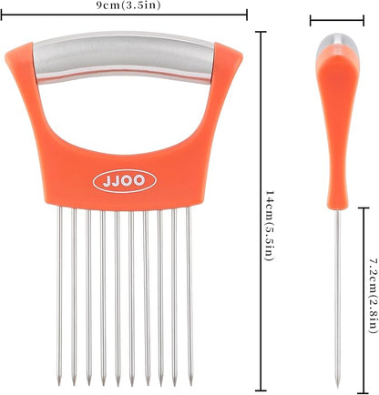 2PCS Onion Slicer Holder, JJOO Stainless Steel Onion Cutter for Slicing and Storage Onions, Tomato, Eggs and Vegetables, Protective Cover Included, Dishwasher Safe (Stylish orange+ Purple Color)