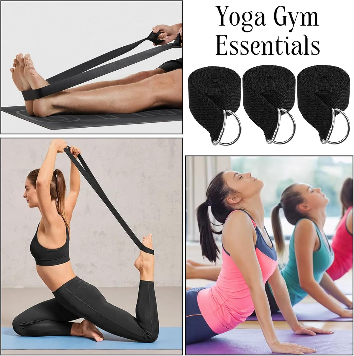 12 Pack Yoga Straps for Stretching, 6 Ft Black Exercise Bands with Adjustable D Ring Buckles for Pilates, Gym Fitness, Flexibility Training, Men Women
