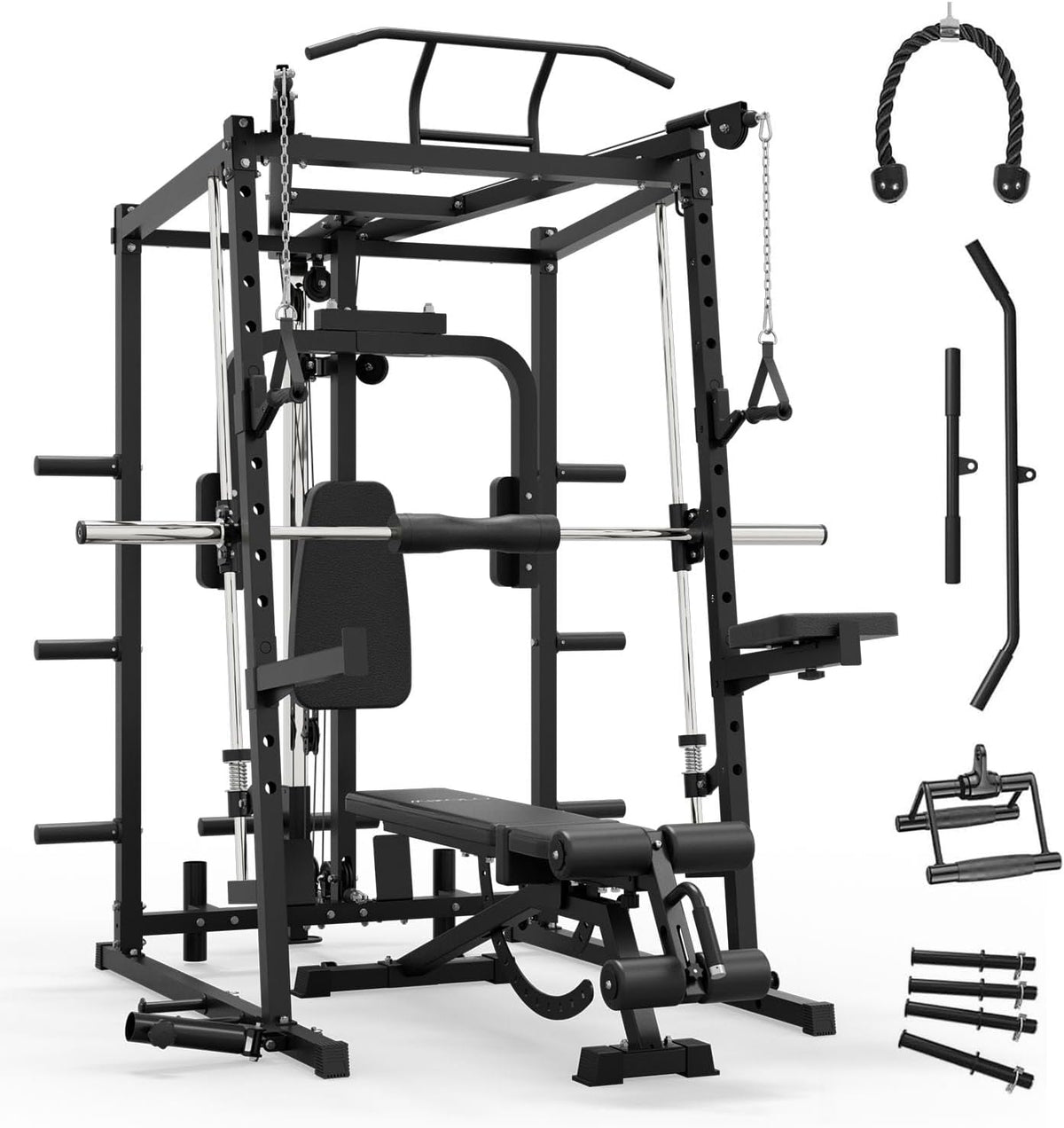 Mikolo All-in-One Smith Machine Home Gym, 2000LBS Power Cage with Cable Crossover System, Integrated Squat Rack with Weight Bar for Full-Body Training—LAT Pulldown, T-Bar Row, Triceps, Chest Fly