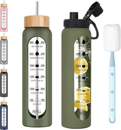 32oz Glass Water Bottle with Time Marker, 2 Lids-Handle Spout Lid & Bamboo Straw Lid, 1 Liter Motivational Borosilicate Water Bottle for Gym, Office, Travel (Green)