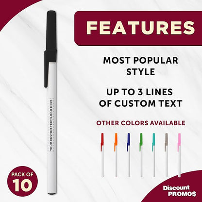 DISCOUNT PROMOS Custom Value Stick Pens Set of 10, Personalized Bulk Pack - Black Ink, Great for Office, School, Business, Tradeshows, Events - Black